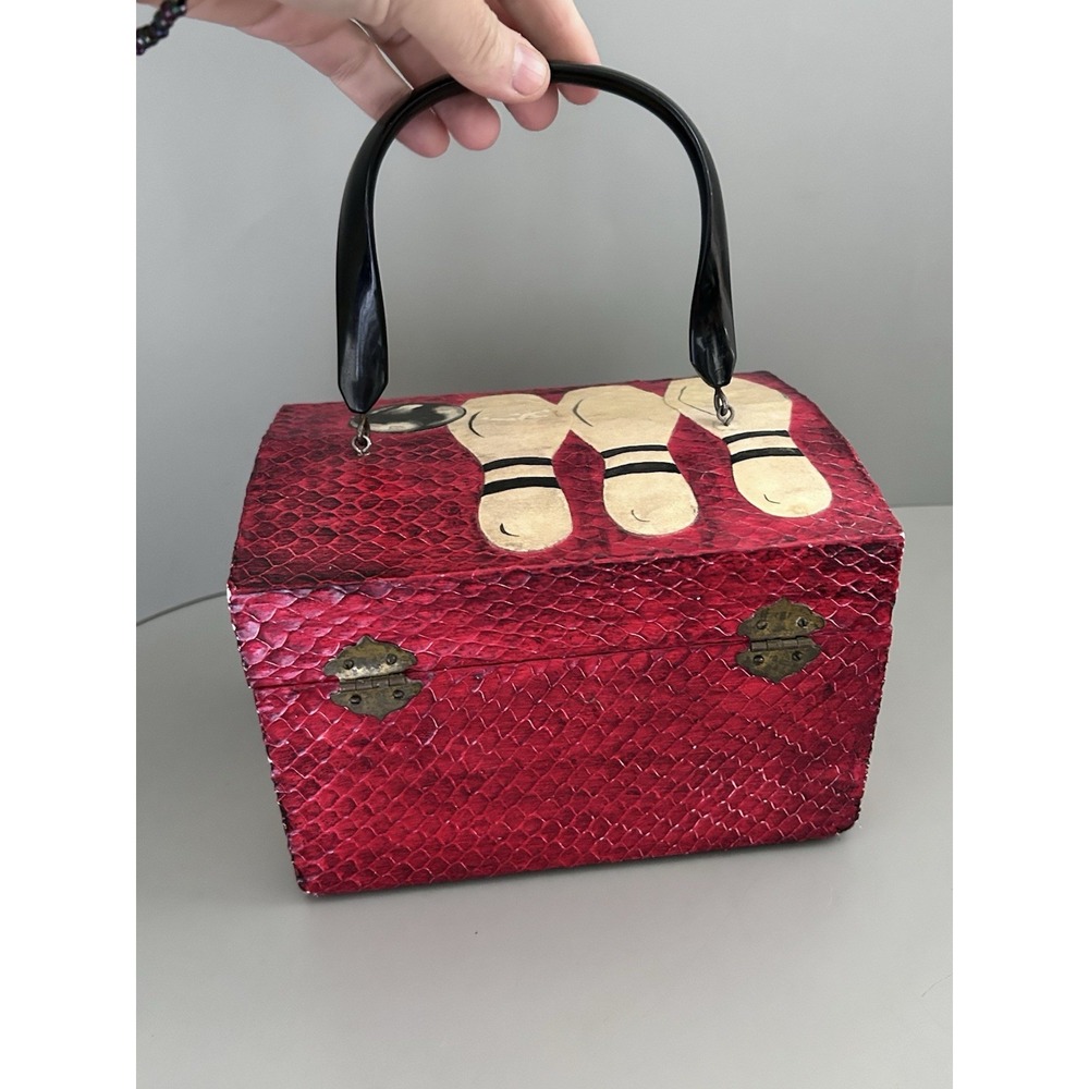Vintage Rockabilly Bowling Decoupage Wooden Box Purse Handbag Red & Black OOAK! - Picture 10 of 16